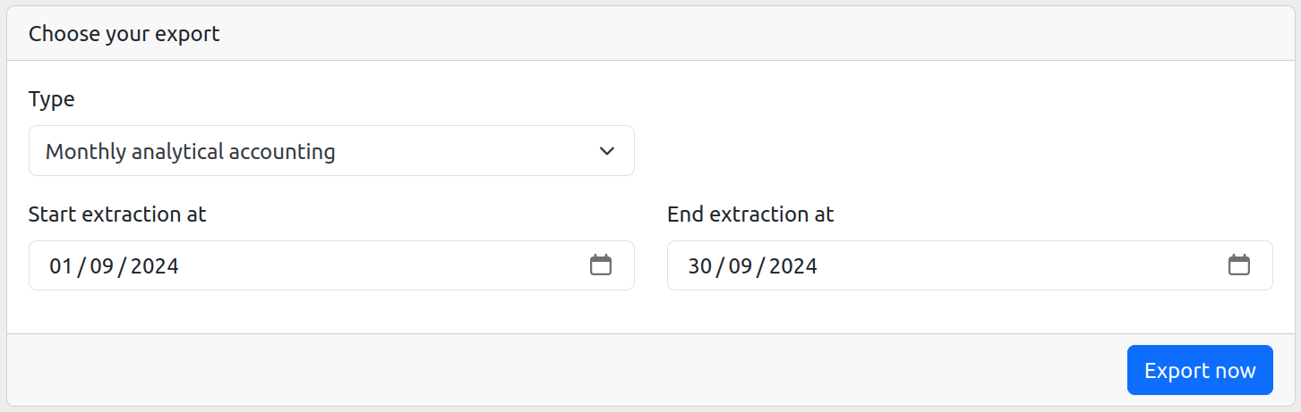 Presentation of possible exports: annual, monthly, by users, overall summary.