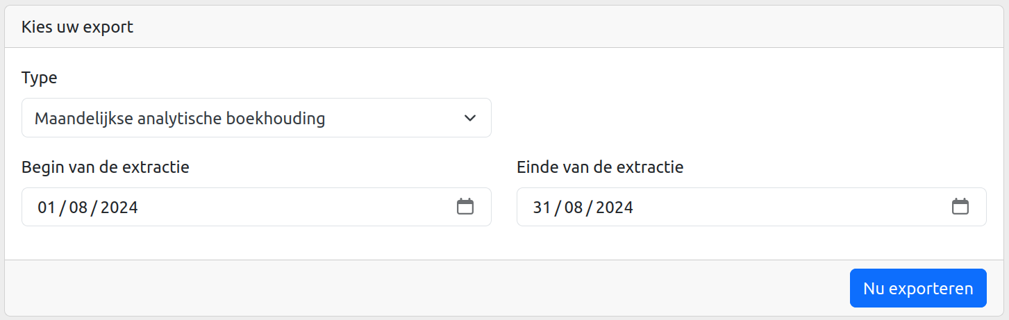 Overzicht van mogelijke exporten. Jaarlijks, maandelijks, per gebruiker, totaaloverzicht.