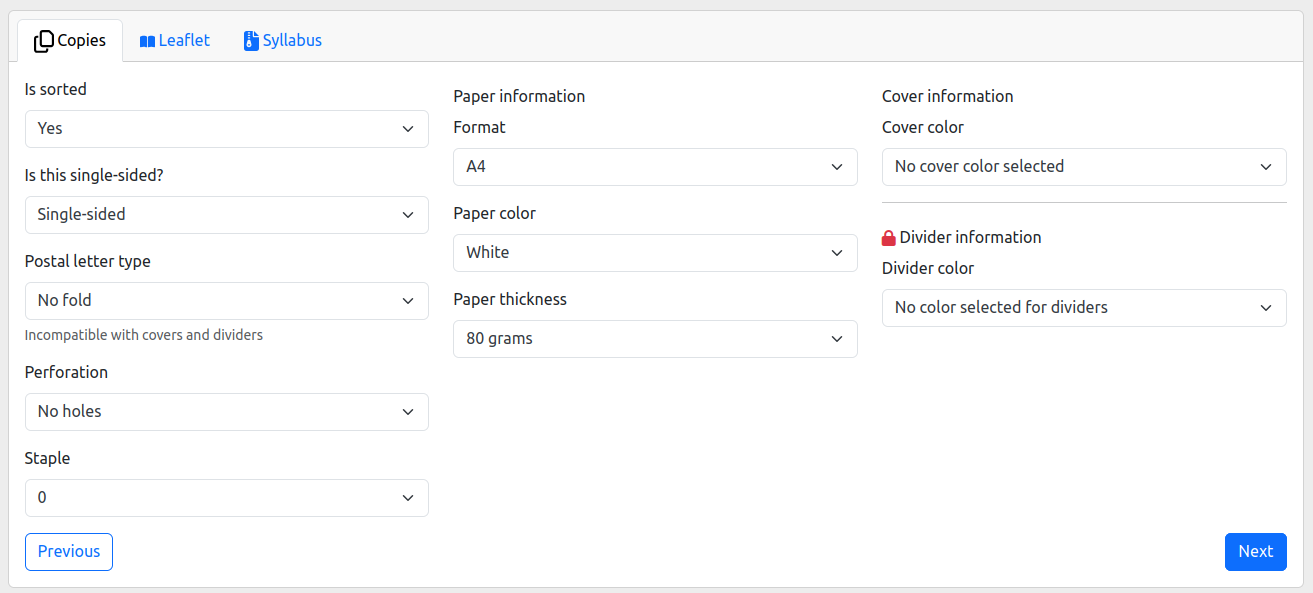 Overview of available copy options: format, paper, weight, divider (color, weight), stapling, mailing, sorting, arrangement, perforation, cover page (position, layout, etc.)