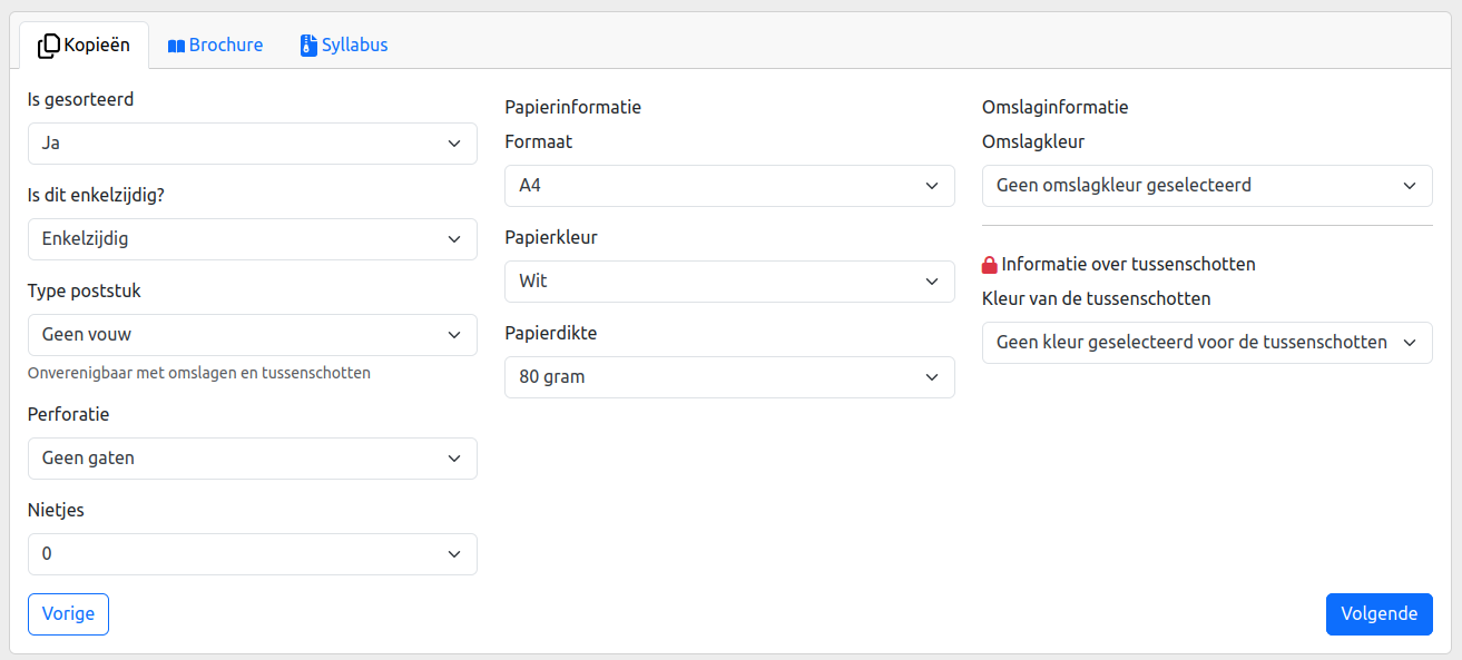 Overzicht van de beschikbare kopieopties. Formaat, papier, gewicht, scheidingsblad (kleur, gewicht), nieten, post, sorteren, lay-out, perforatie, omslagpagina (locatie, lay-out, ...)