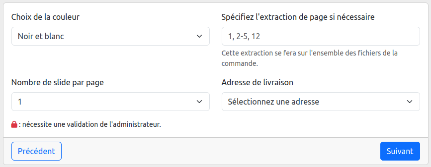 Présentation de la sélection de page. Choix des pages à imprimer, choix des couleurs, choix du nombre de slide par page.