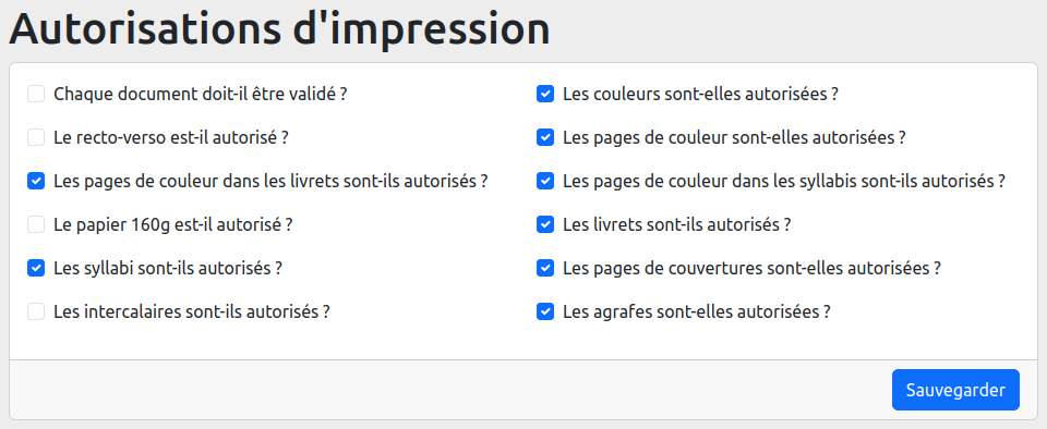 Présentation du paramétrage d'un établissement. Il est possible de choisir le type d'impression par défaut (recto ou recto-verso), type de facturation, si le quota est utilisé.