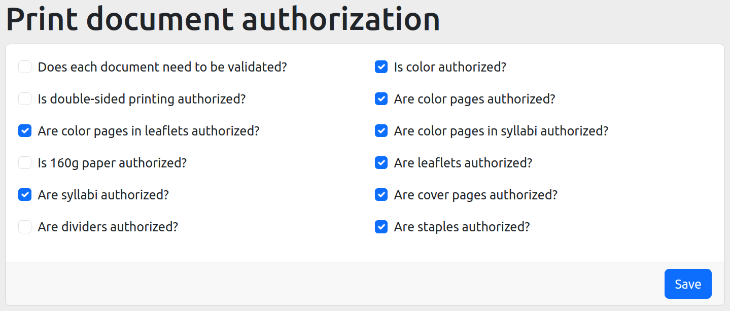 Presentation of institution settings. You can choose the default type of printing (single or double-sided), billing type, and whether a quota is used.