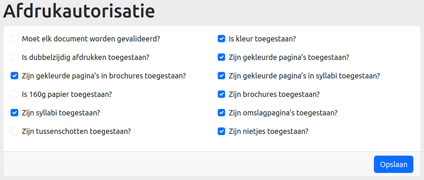 Overzicht van de instellingen van een instelling. U kunt het standaard afdruktype kiezen (enkel- of dubbelzijdig), het factureringstype en of het quotum wordt gebruikt.