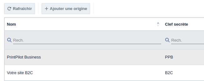 Un tableau vous permettant de gérer vos origines de commande.